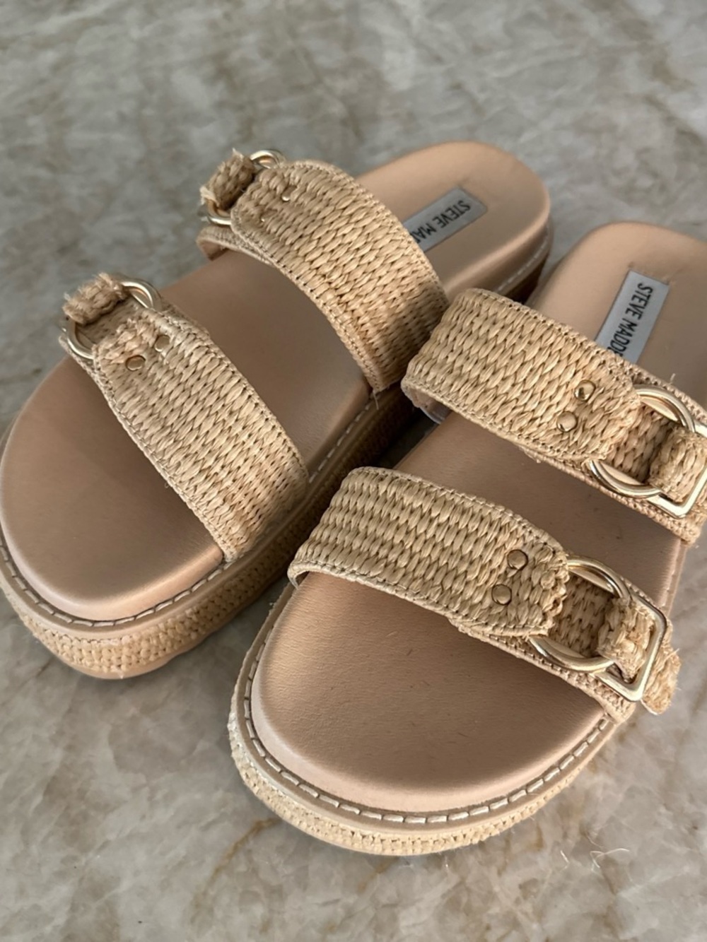 Steve Madden Beige Woven Double-Buckle Platform Sandals